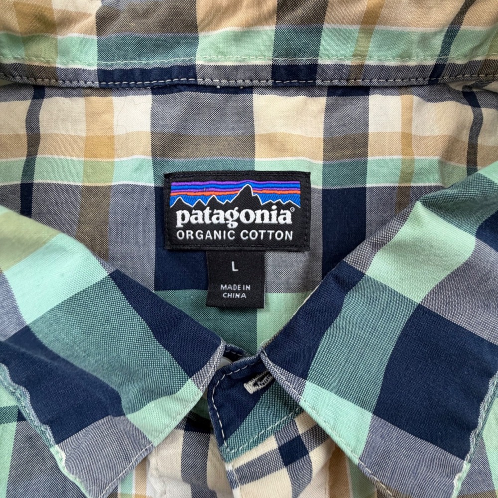 Patagonia Mens Large Plaid Button Front Shirt Green Blue Organic Cotton - Picture 5 of 9